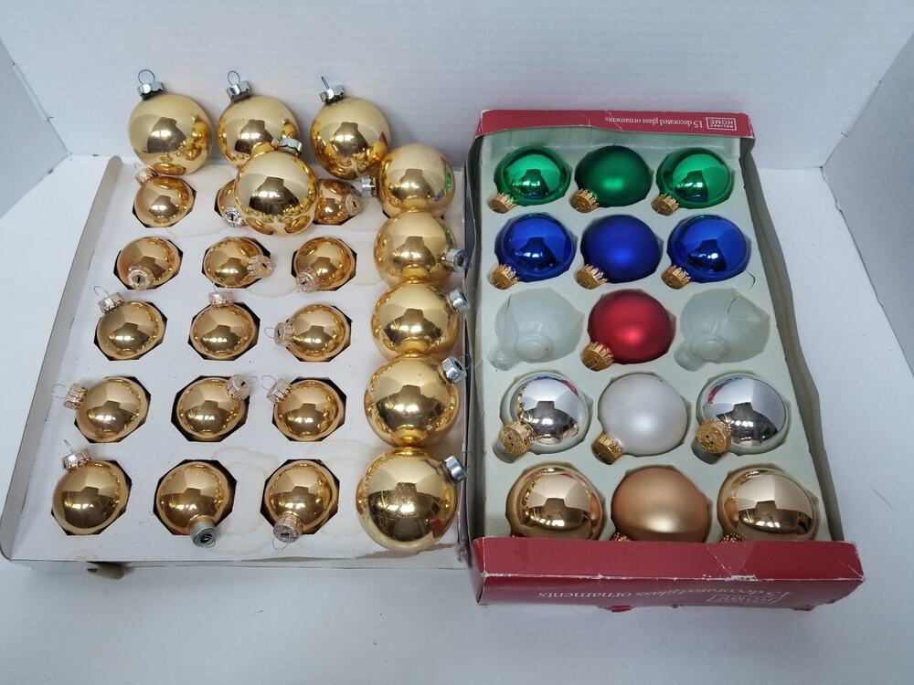 Lot of 37 Glass Christmas Ornaments Mixed Lot Gold Red Blue Green